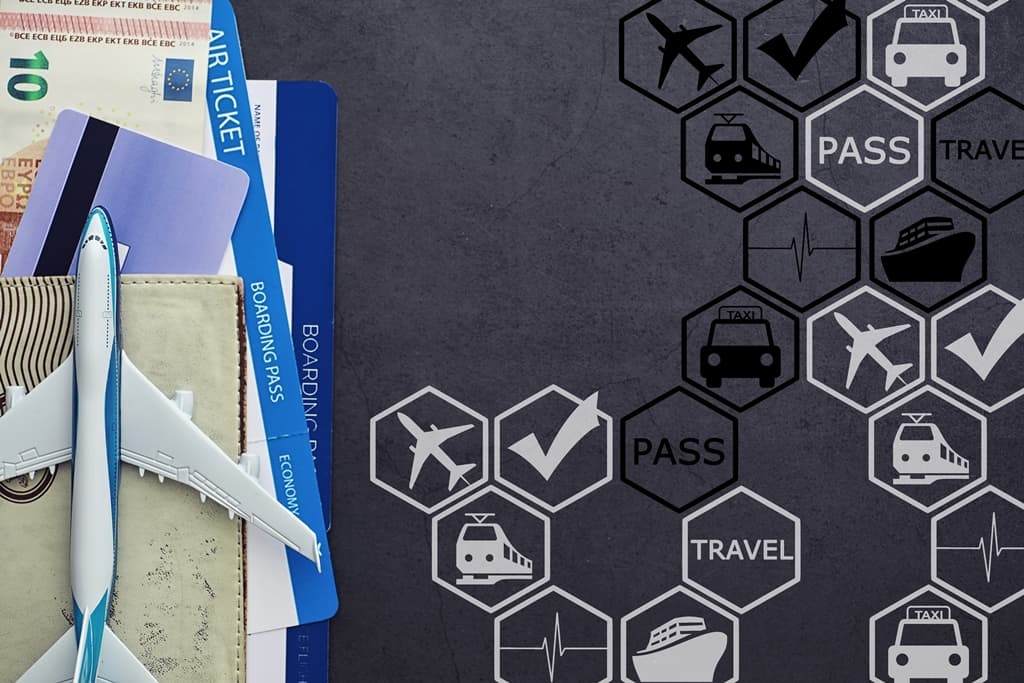Abstract image of multi-modal travel icons and passport